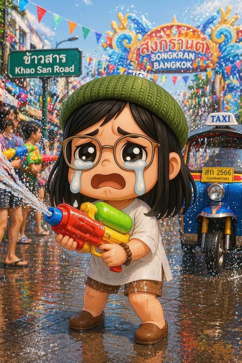 曼谷潑水節考山路女孩拿水槍參與水戰
